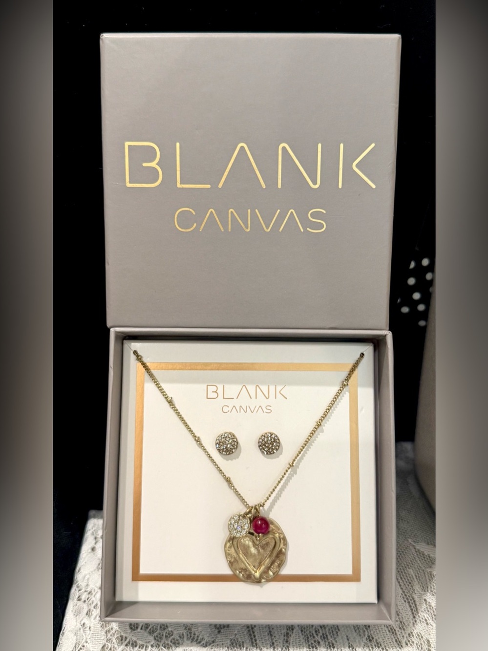 Gold Heart Pendant Necklace with Red Accent & Stud Earrings Set